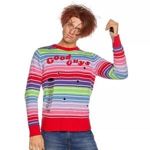 This rainbow-striped "Good Guys" sweater is an officially licensed product from